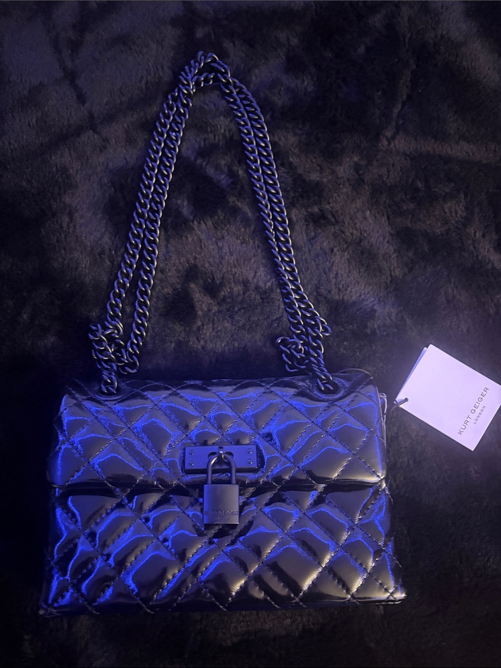 Kurt Geiger Black Quilted Patent Chain Shoulder Bag